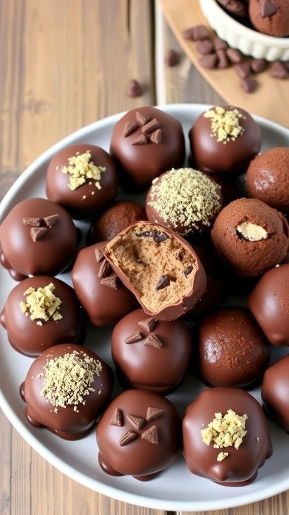A plate of no bake chocolate cheesecake balls coated in chocolate and cocoa powder, garnished with crushed cookies.